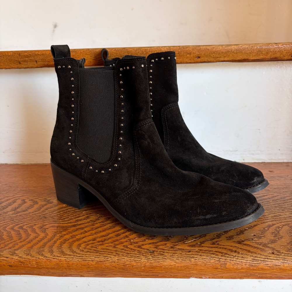 Paul Green Black Suede Studded Chelsea Ankle Boots Heel Size UK 6 US 8.5 EUC